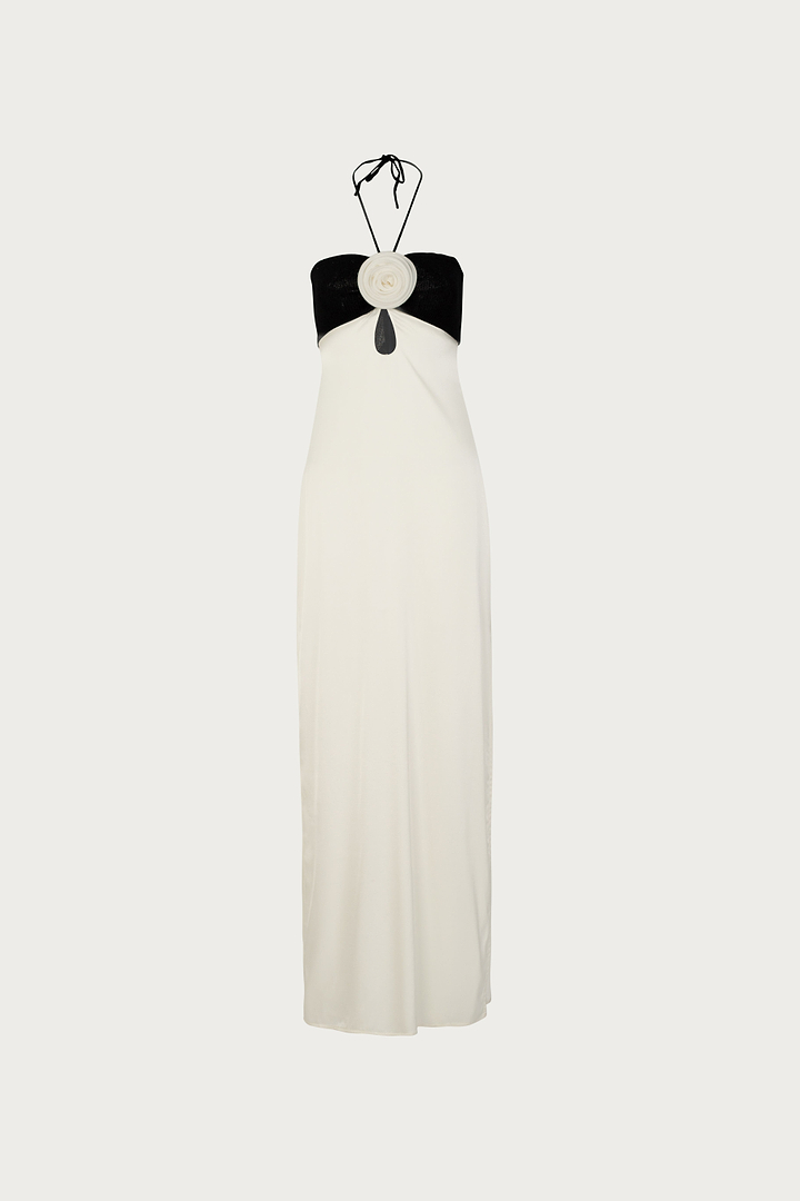Rosette Silk Dress (Cream/Black)