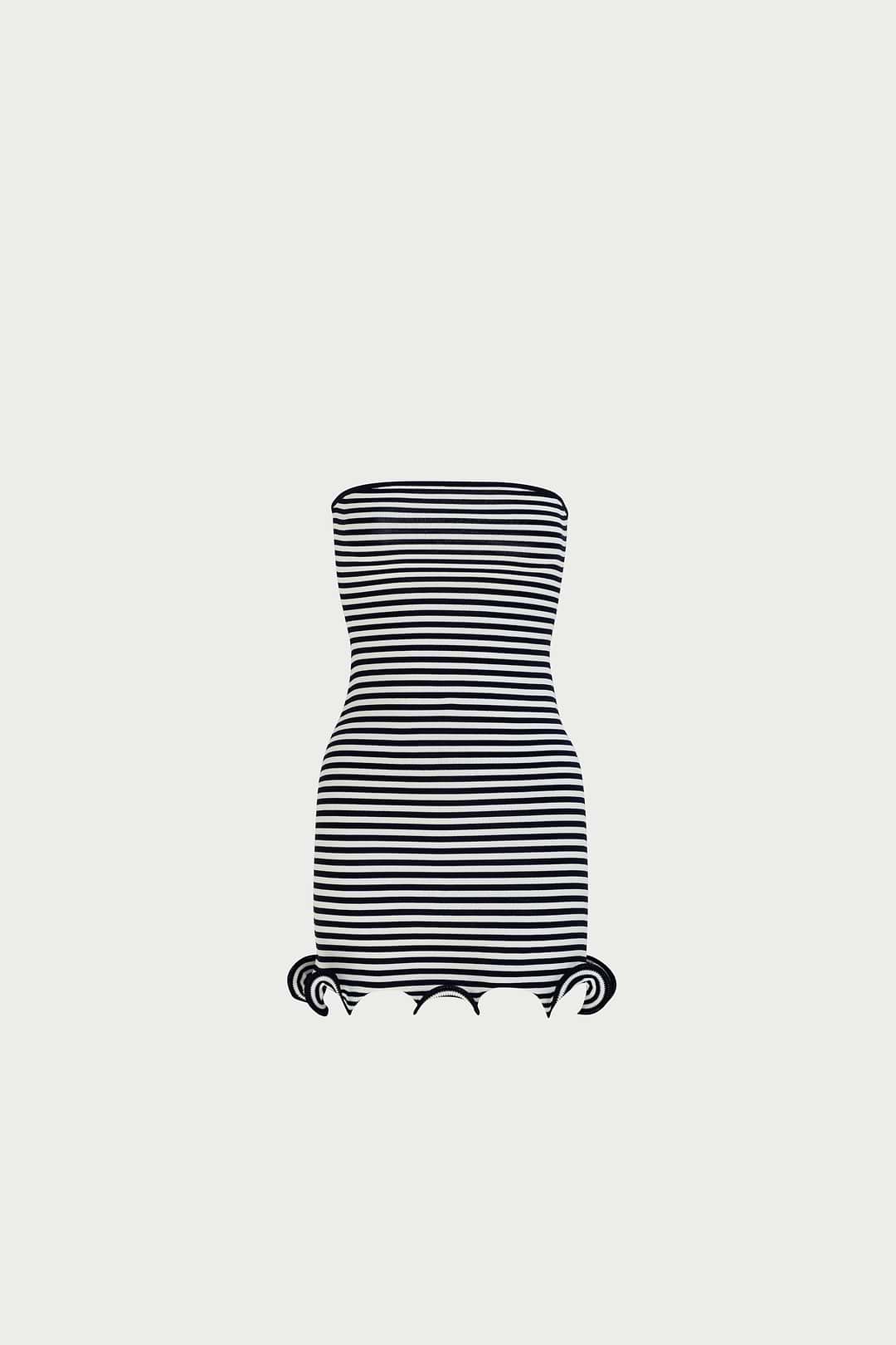 SAME Ruffle Hem Strapless Mini Dress | Navy Stripe | Women's Dress L / Navy Stripe SAME Ruffle Hem Strapless Mini Dress | Navy Stripe | Women's Dress L / Navy Stripe