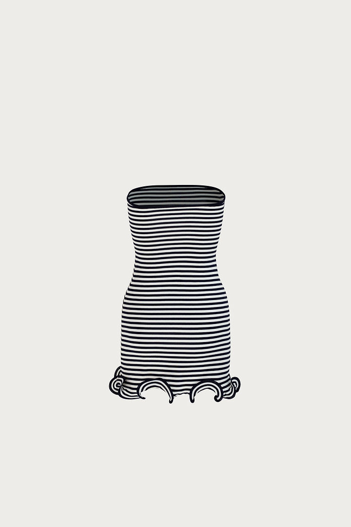 Ruffle Hem Strapless Mini Dress (Navy Stripe)