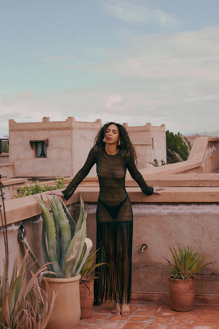 Long Sleeve Fringe Knit Maxi Dress (Black)