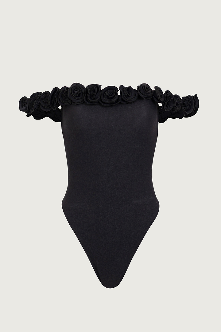 Rosette Off Shoulder One Piece (Faux Suede Black/Black)