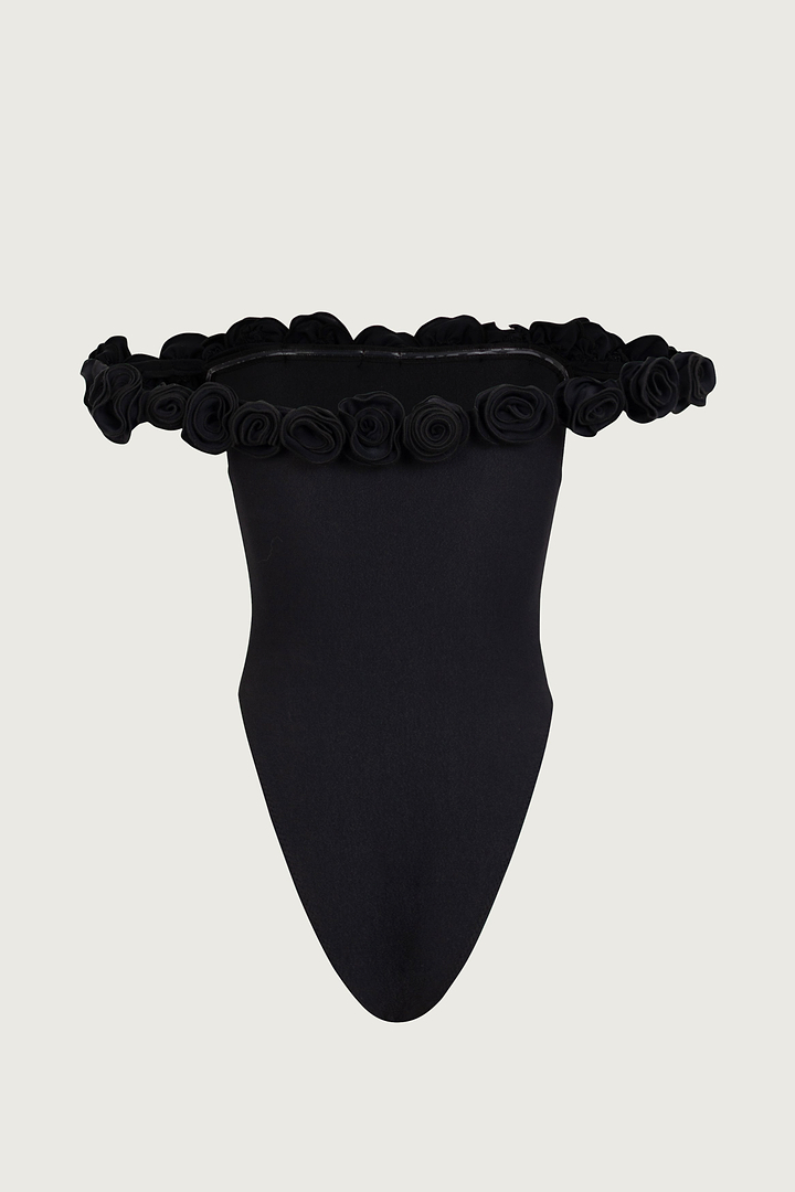 Rosette Off Shoulder One Piece (Faux Suede Black/Black)