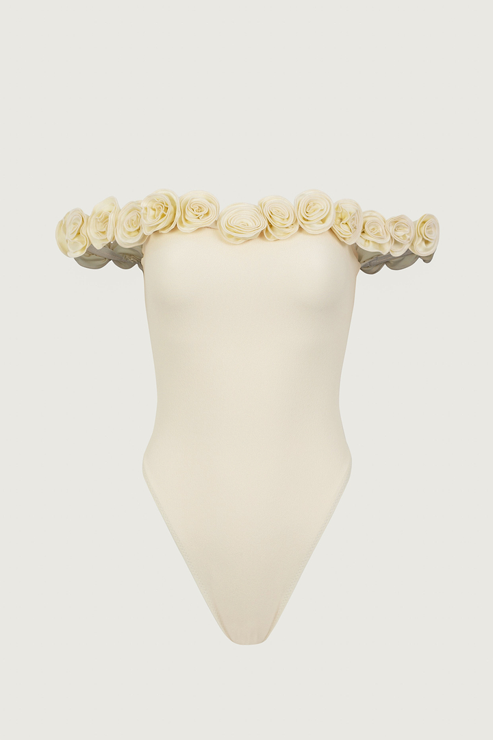 Rosette Off Shoulder One Piece (Faux Suede Cream/Cream)