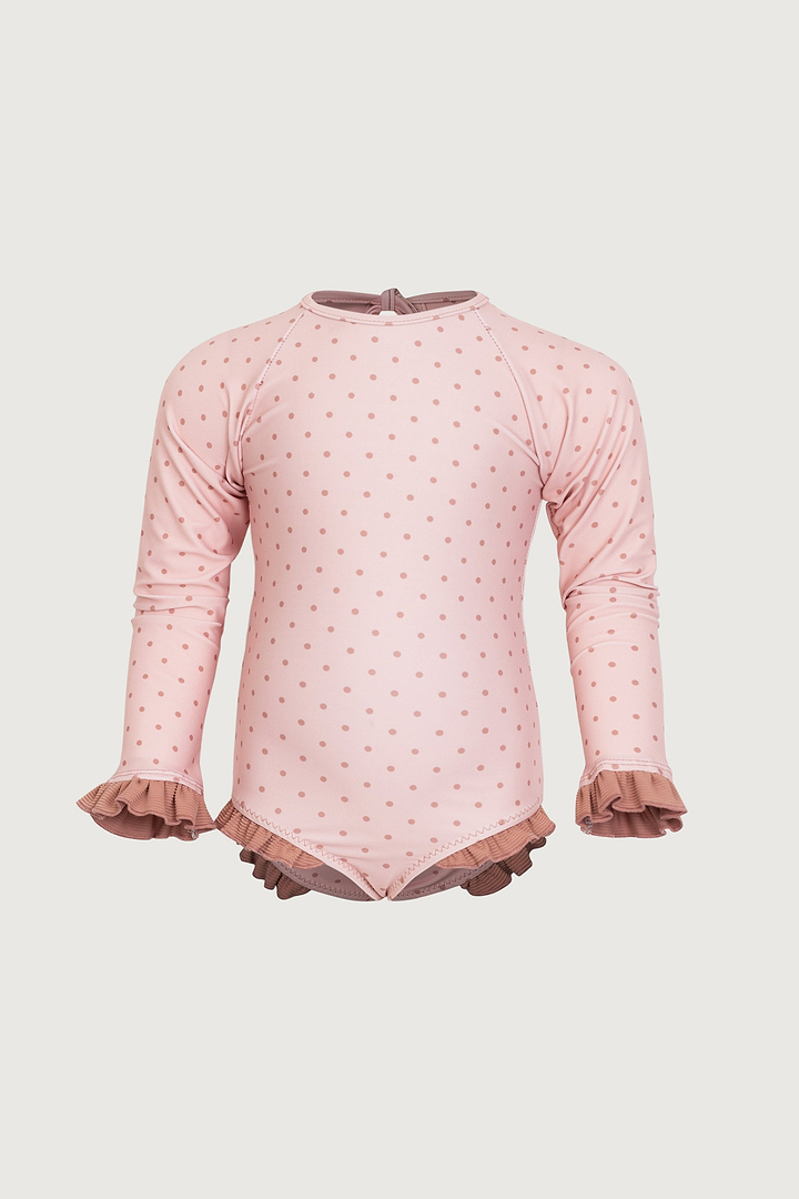 ruffle rashguard one piece (blush camel polka dot/camel)
