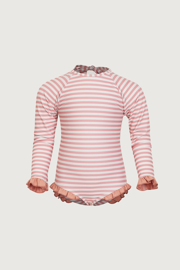 ruffle rashguard one piece (blush stripe/blush)