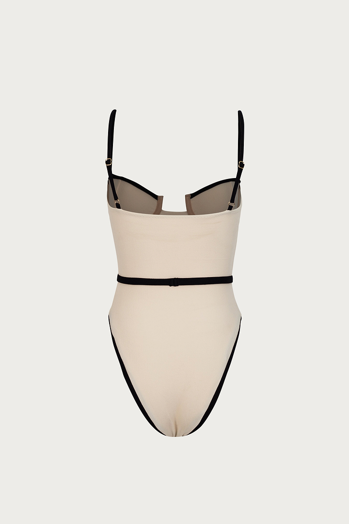 Belted One Piece (Faux Suede Cream/Black)