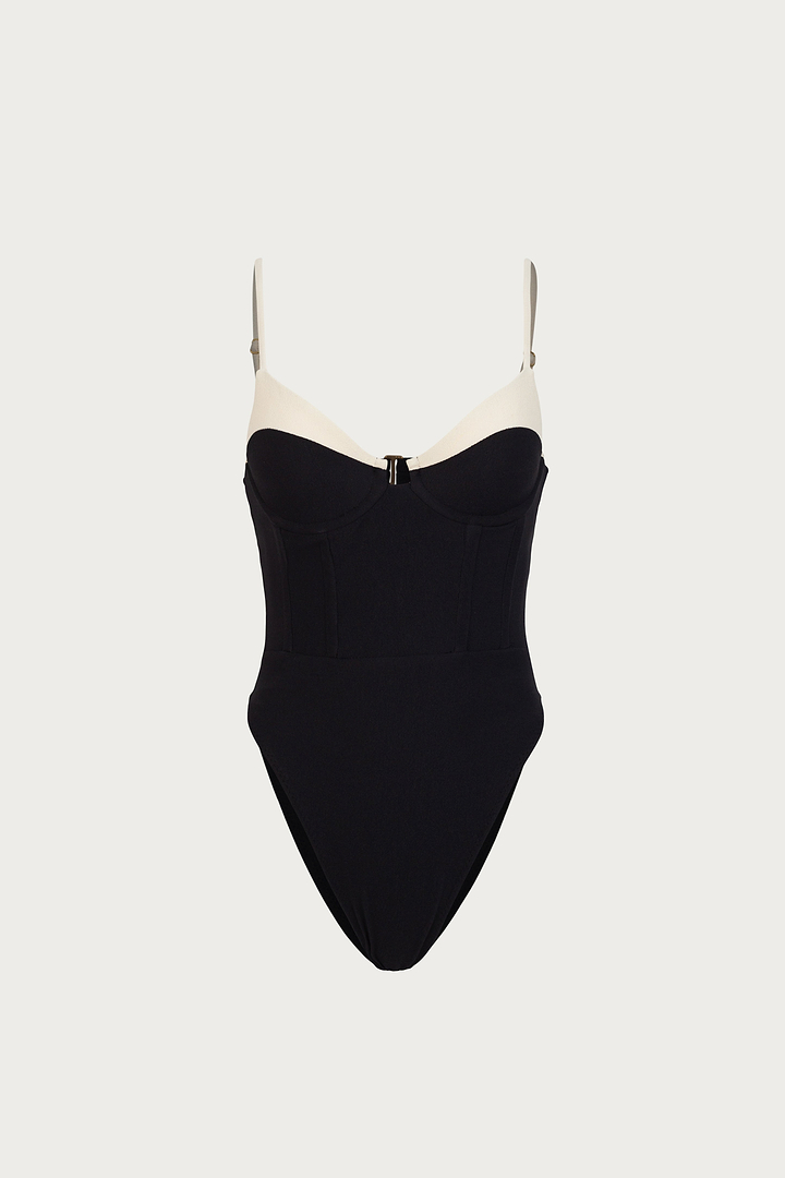 Double Layer Corset One Piece (Faux Suede Black/Cream)