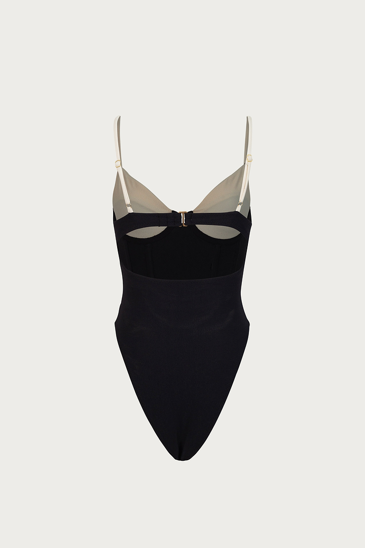 Double Layer Corset One Piece (Faux Suede Black/Cream)