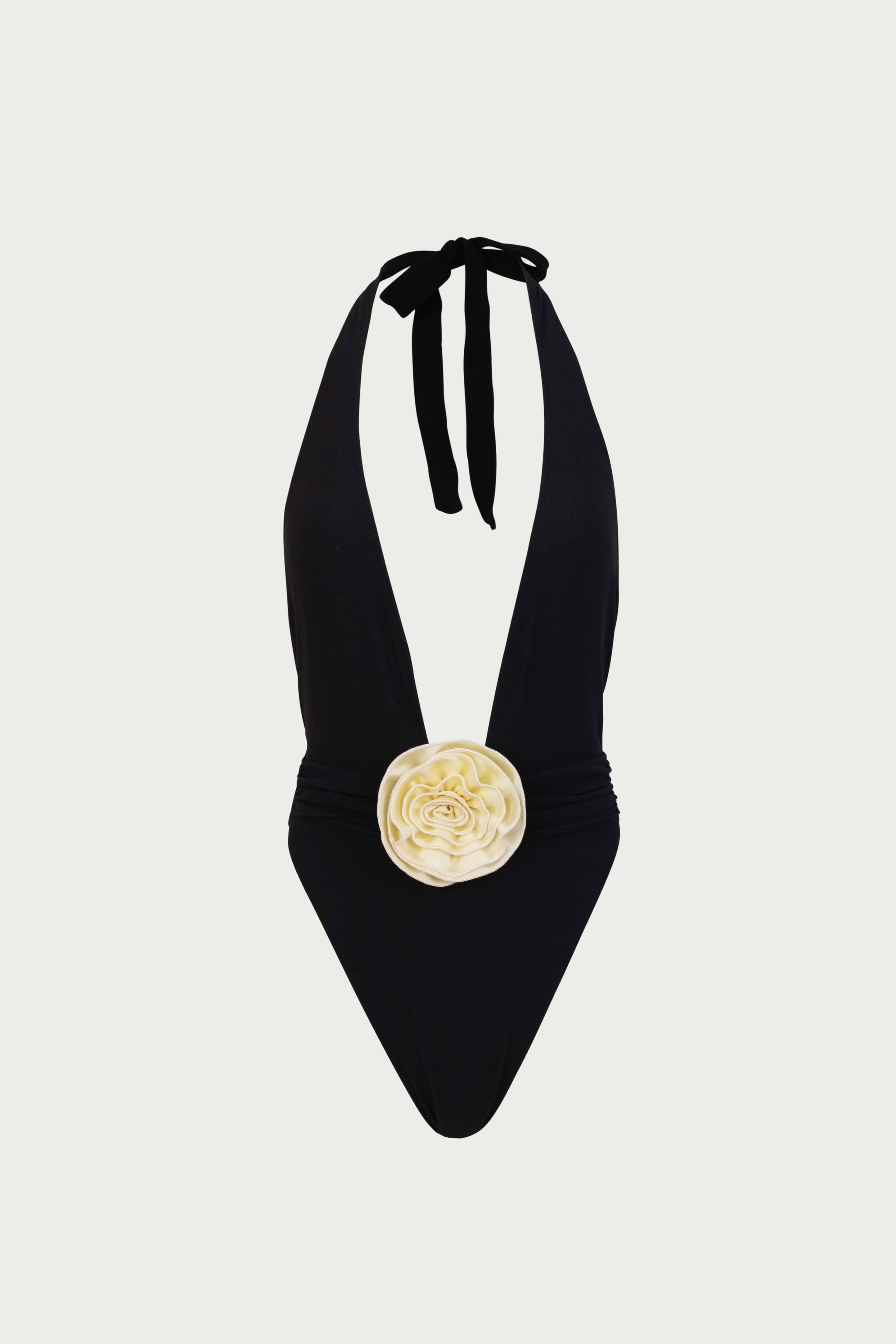 SAME Rose V One Piece | Faux Suede Black/Cream