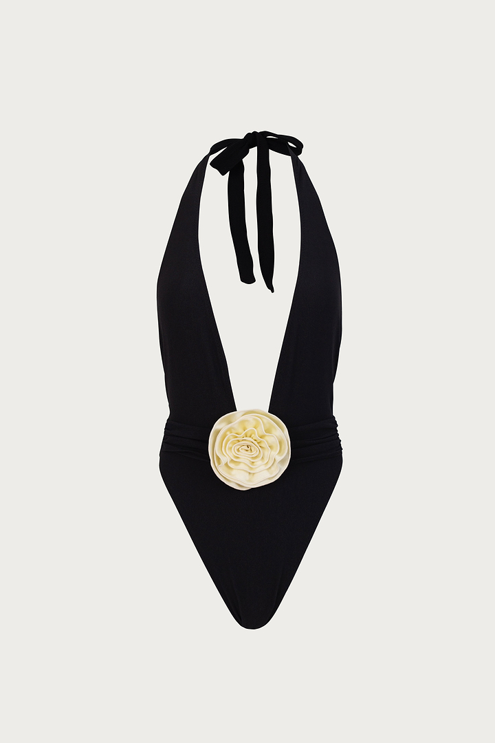 Rosette V One Piece (Faux Suede Black/Cream)