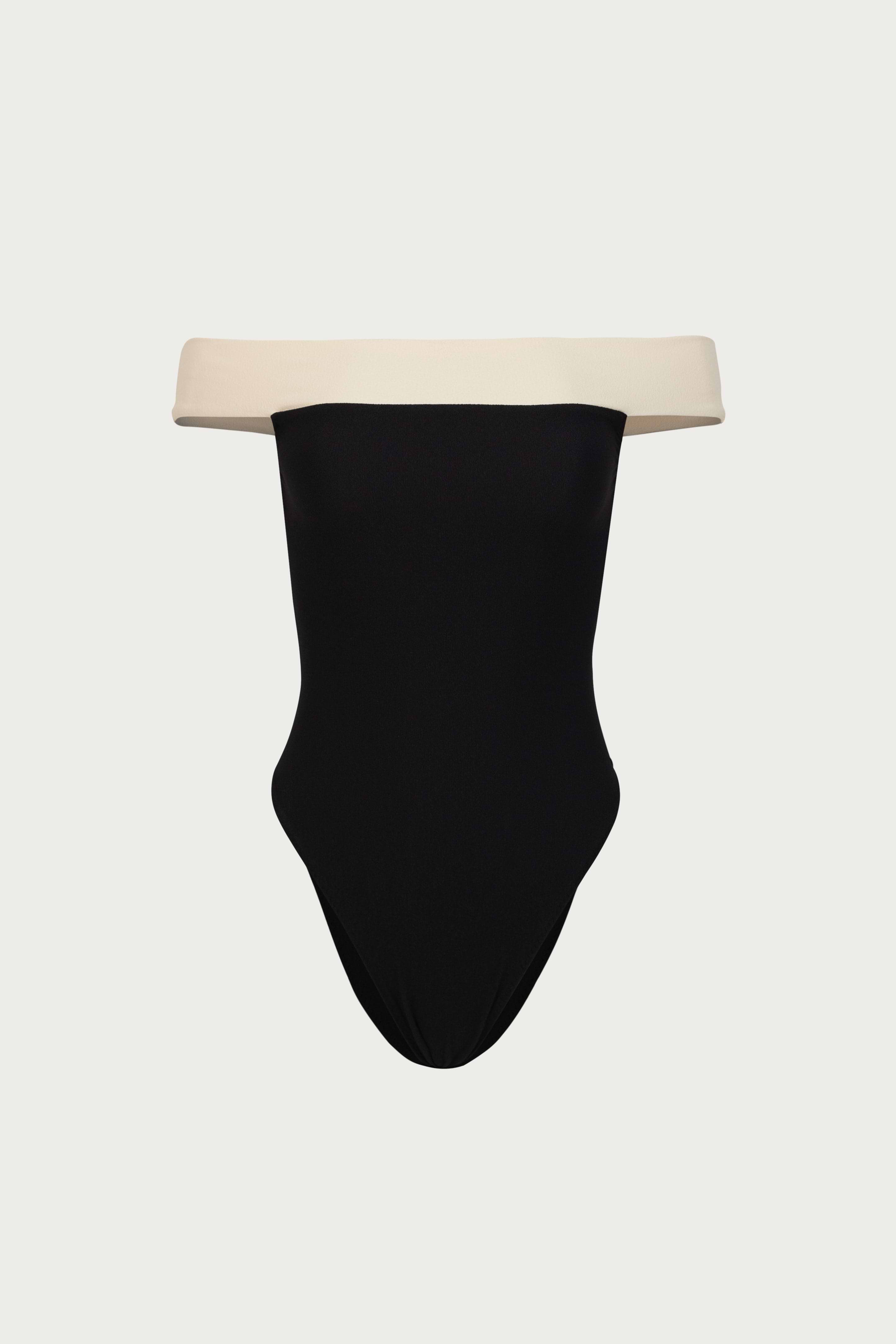 SAME Off Shoulder One Piece | Faux Suede Black/Cream