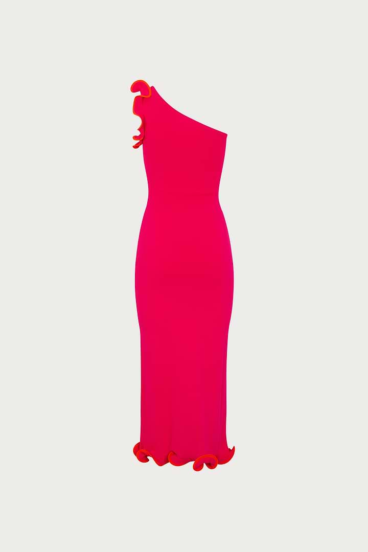 SAME Ruffle Hem One Shoulder Dress | Hot Pink/Orange