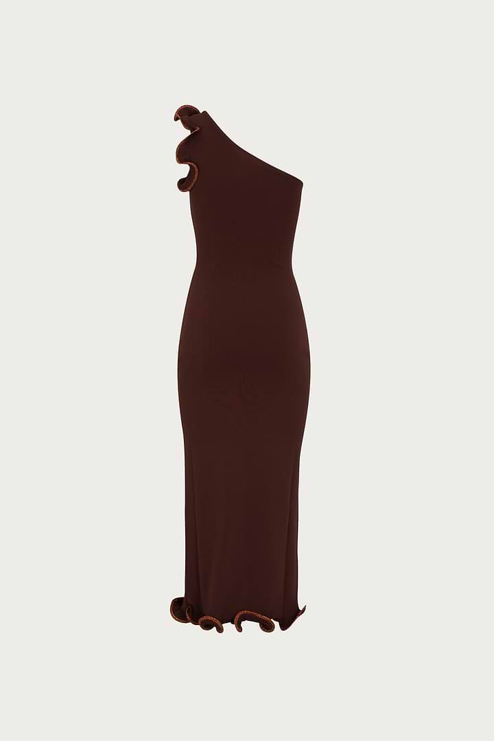 SAME Ruffle Hem One Shoulder Dress | Chocolate Brown/Brown Lurex