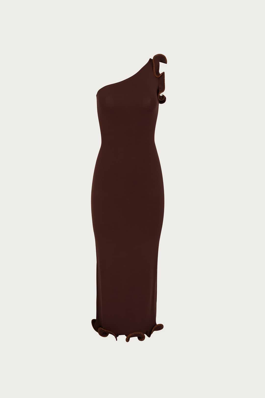 Same Ruffle Hem One Shoulder Dress | Chocolate Brown/Brown Lurex | Women's Knit Dress L / Chocolate Brown/Brown Lurex Same Ruffle Hem One Shoulder Dress | Chocolate Brown/Brown Lurex | Women's Knit Dress L / Chocolate Brown/Brown Lurex