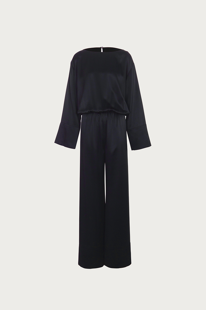 Long Sleeve Silk Jumpsuit (Black)