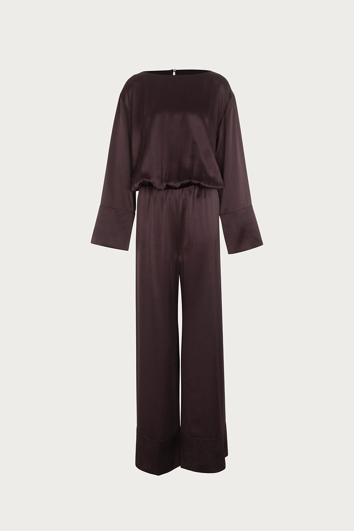 Long Sleeve Silk Jumpsuit (Chocolate Brown)