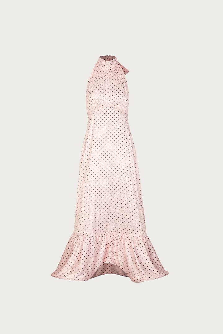 Halter Flounce Midi Dress (Pink Polka Dot)