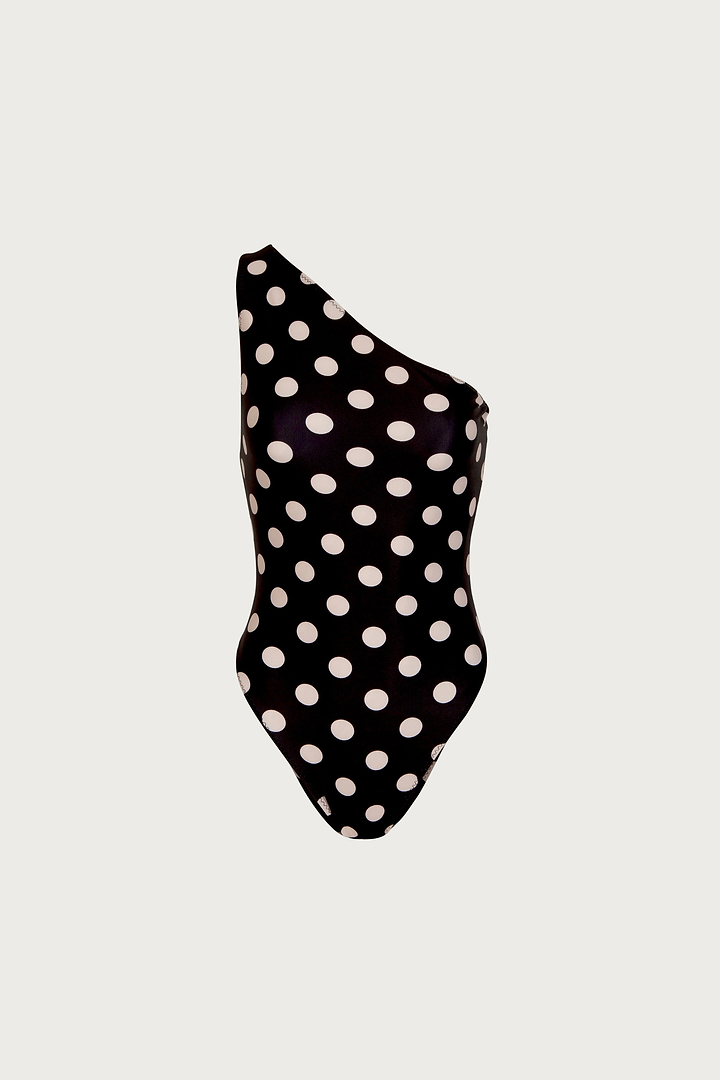 One Shoulder One Piece (Black Taupe Polka Dot)