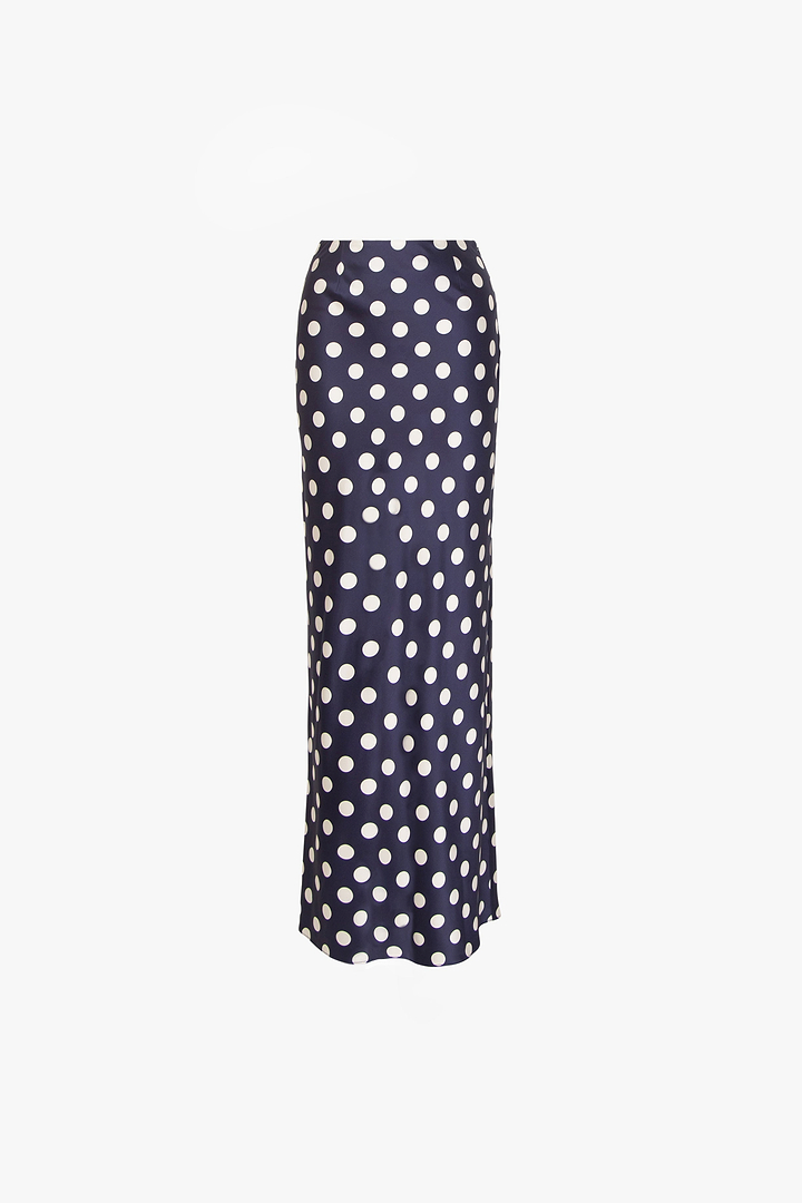 Silk Maxi Skirt (Navy Polka Dot)