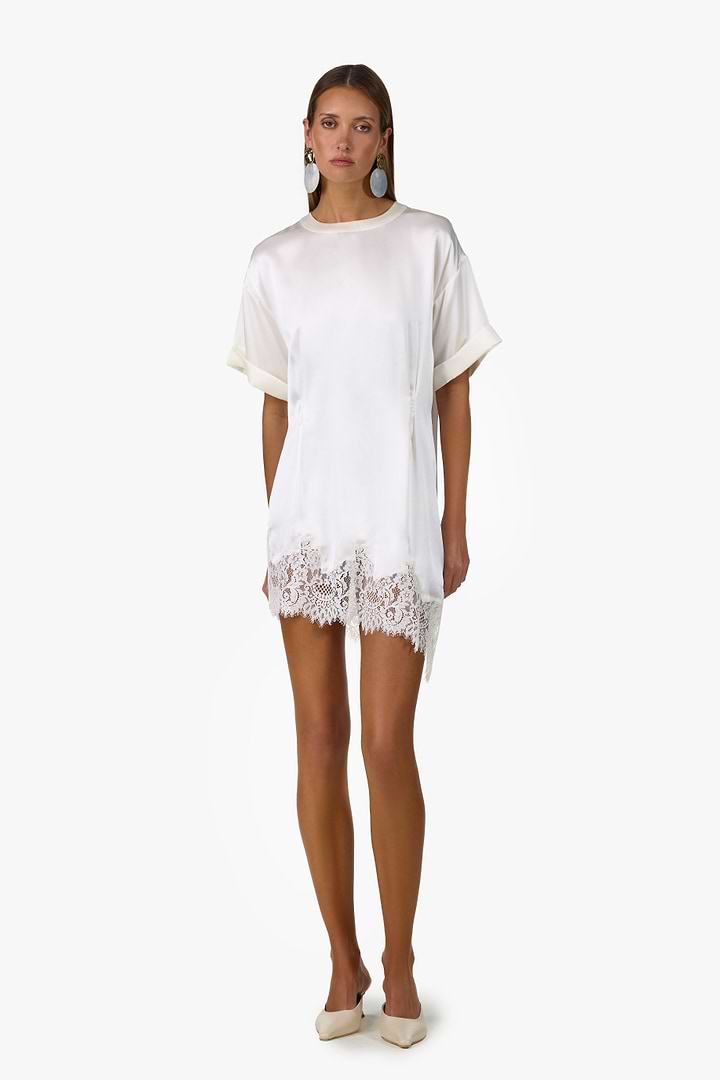 SAME Lace Silk Asymmetrical Dress | Cream