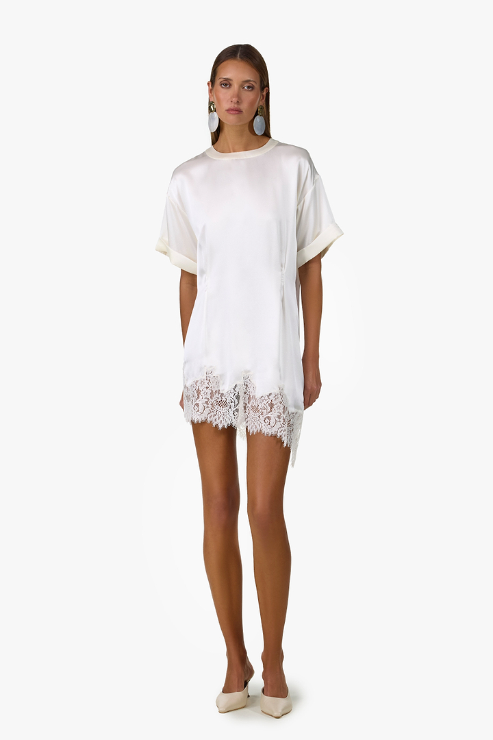 Lace Silk Asymmetrical Dress (Cream)