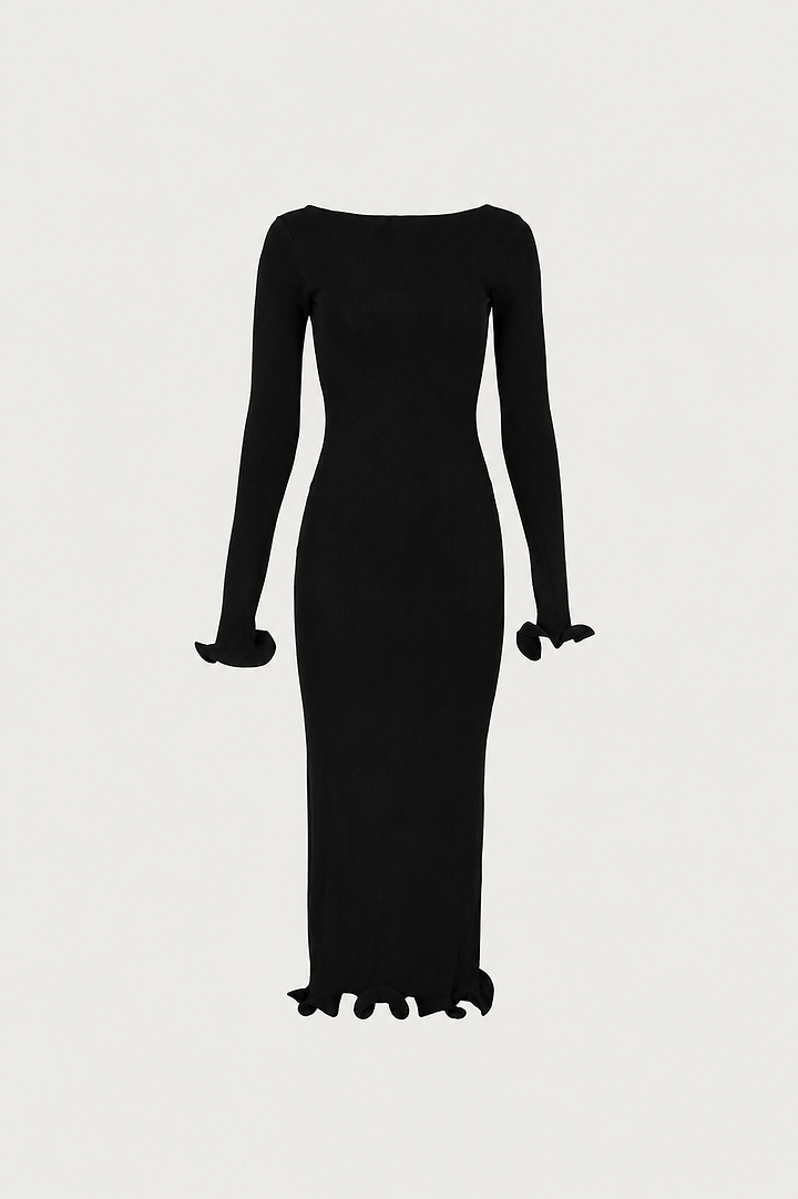 Ruffle Hem Midi Dress (Black)