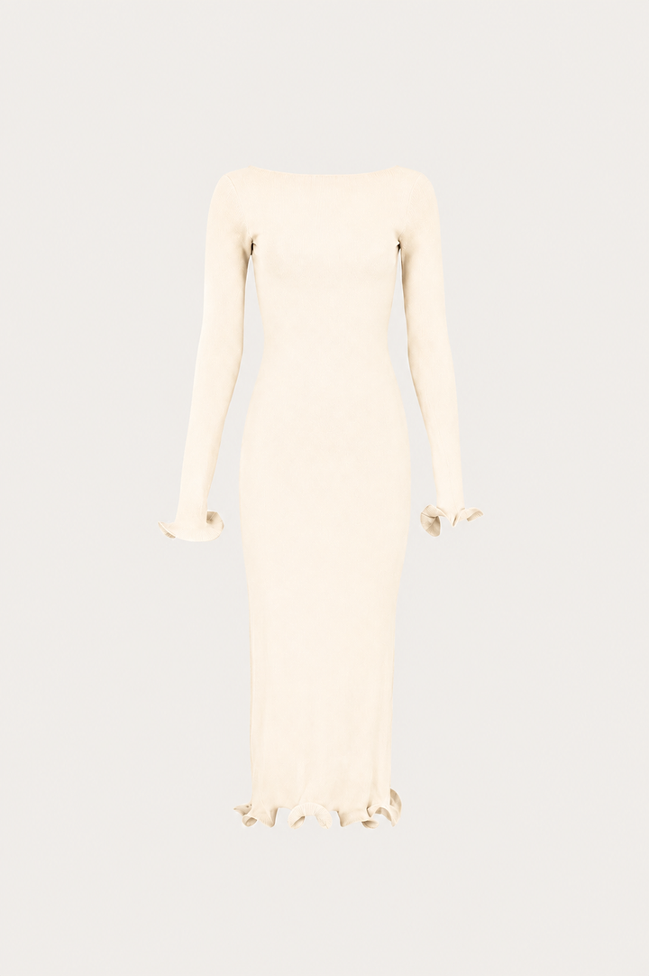 Ruffle Hem Midi Dress (Cream)
