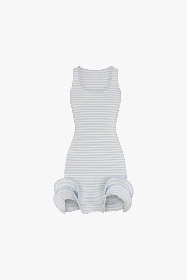 Double Ruffle Hem Mini Dress (Pale Blue Stripe)