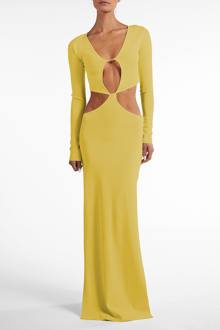 Long Sleeve Cut Out Maxi Dress (Chartreuse)