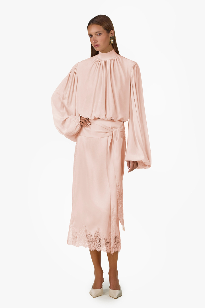Lace Silk Midi Skirt (Rose Clay)