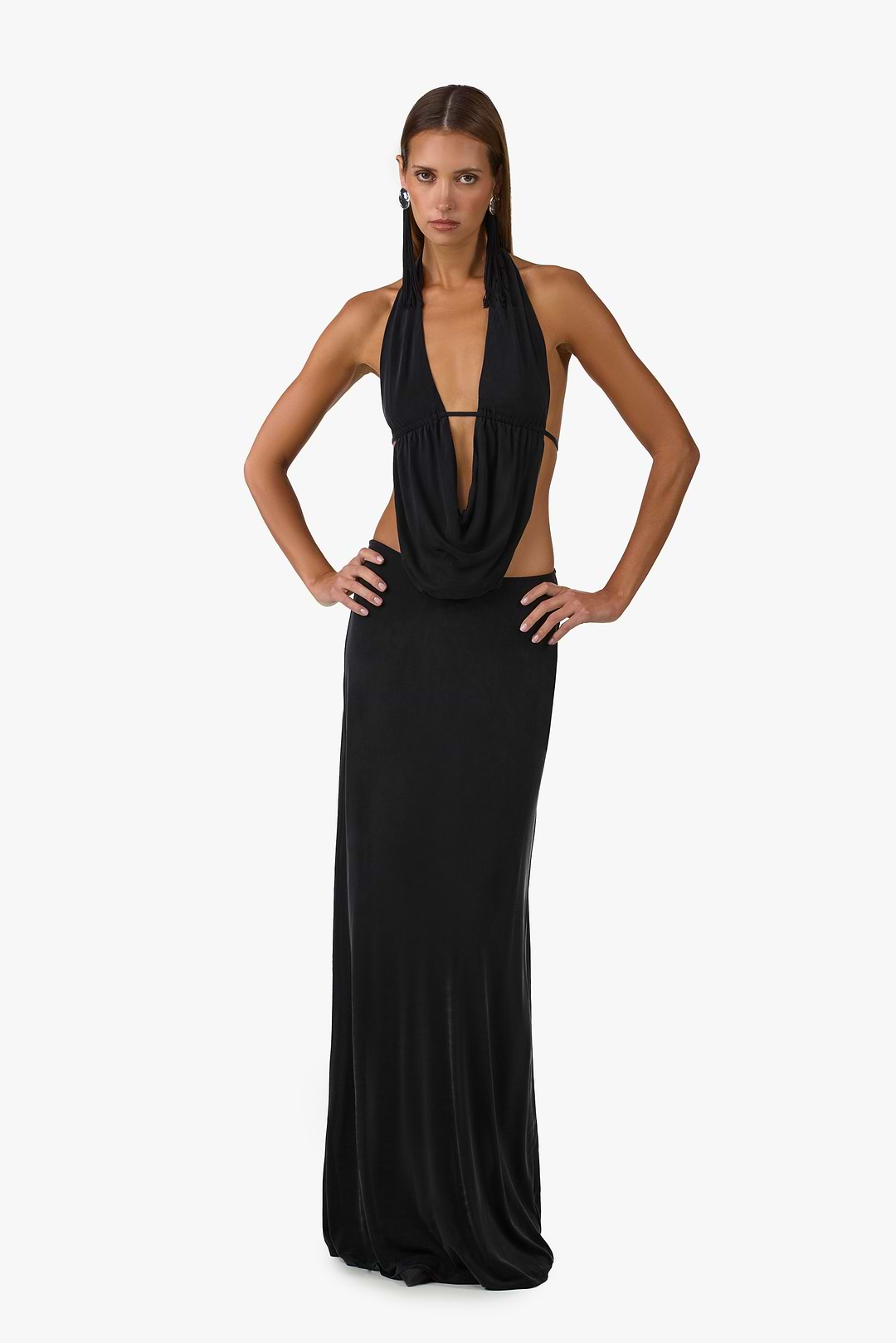 black maxi plunge dress Chiffon Plunging Cowl Neck Maxi Dress - Black