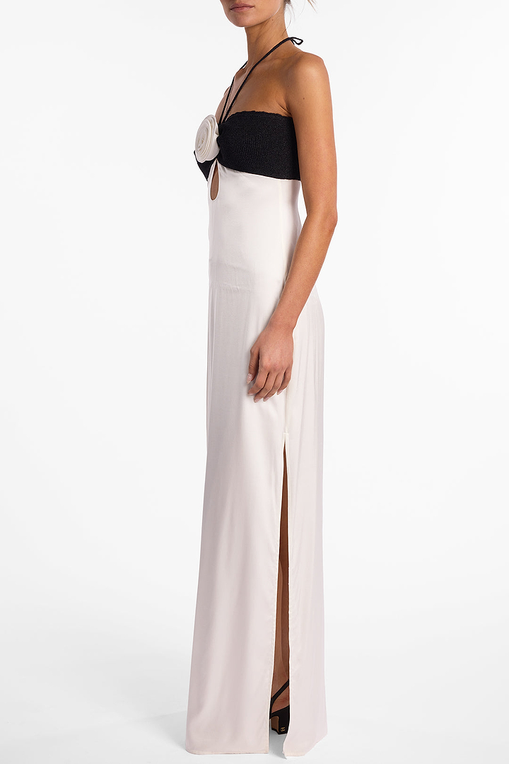 Rosette Silk Dress (Cream/Black)