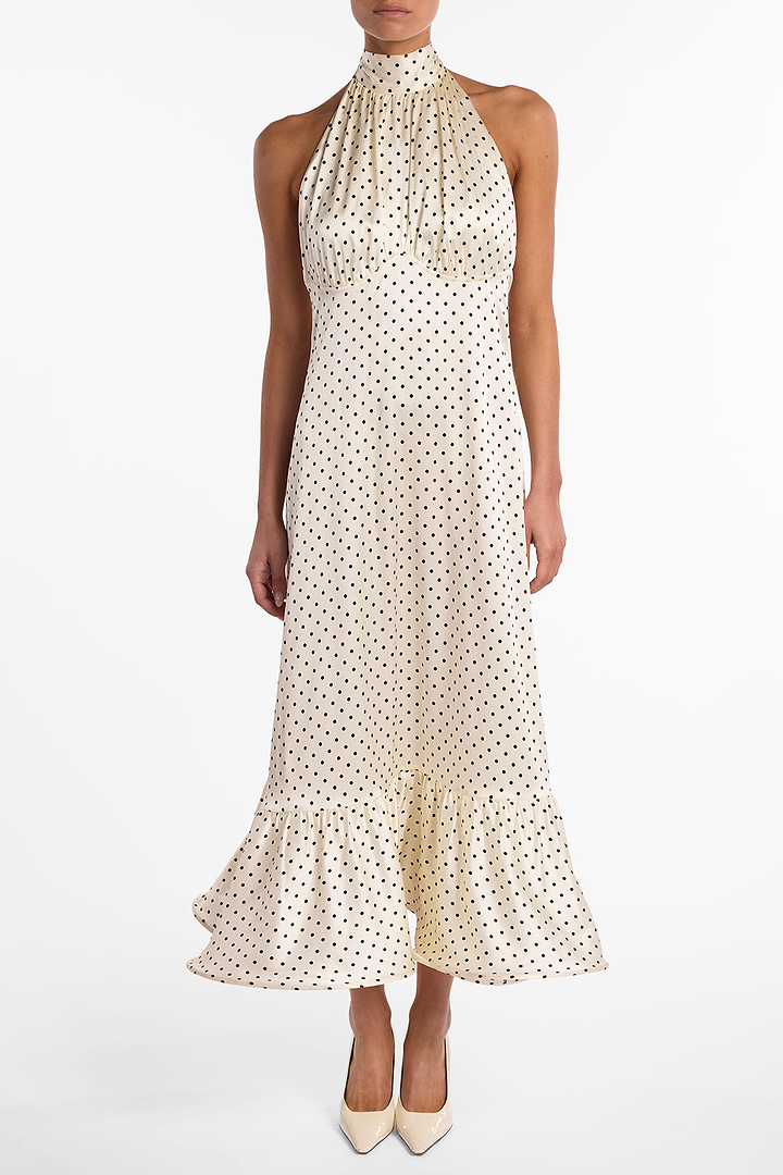 Halter Flounce Midi Dress (Cream Polka Dot)