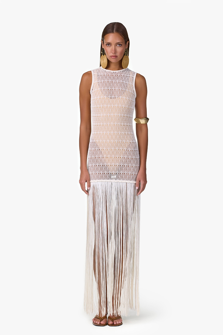 Fringe Knit Maxi Dress (Cream)