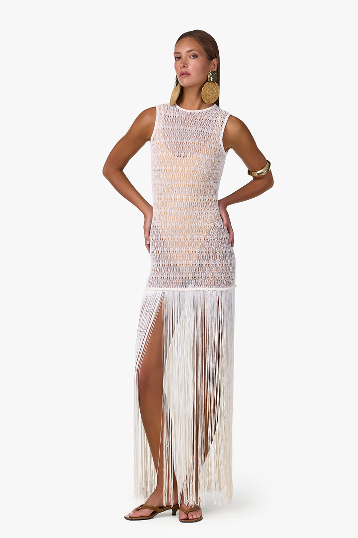 Fringe Knit Maxi Dress (Cream)