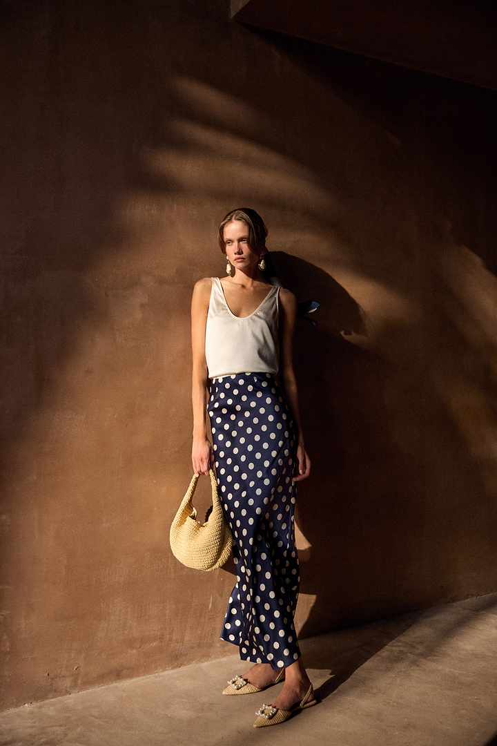 Silk Maxi Skirt (Navy Polka Dot)