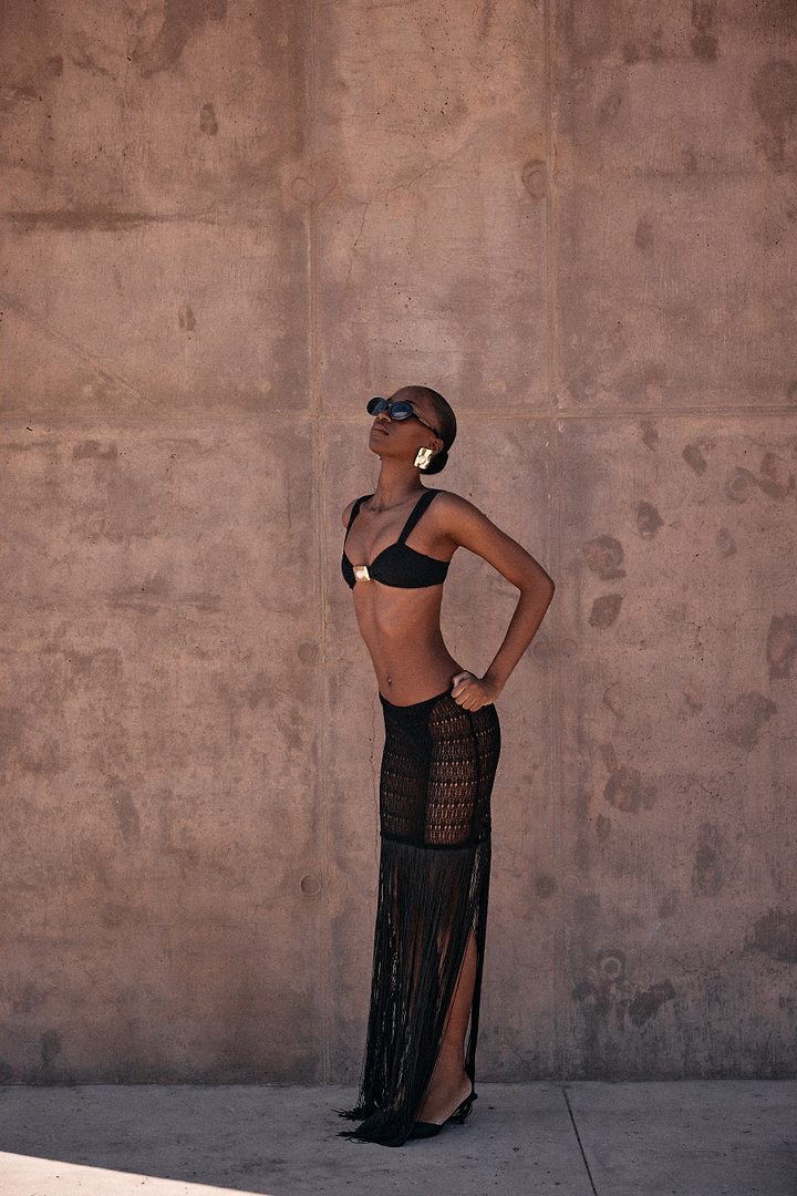 Fringe Knit Maxi Skirt (Black)