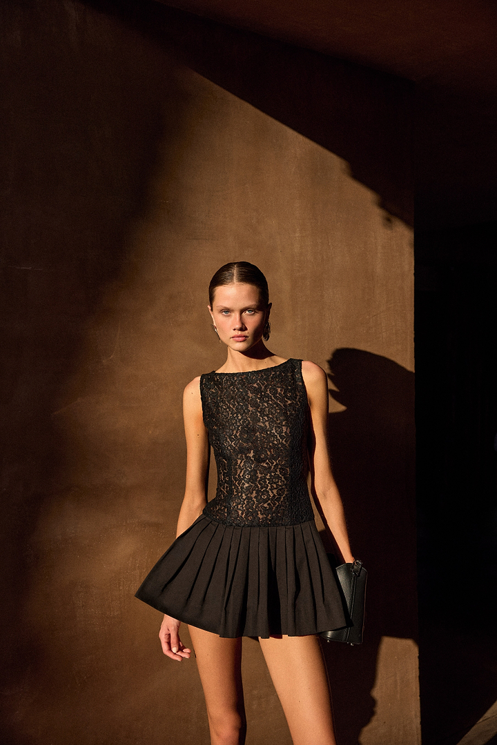 Lace Poplin Mini Dress (Black)