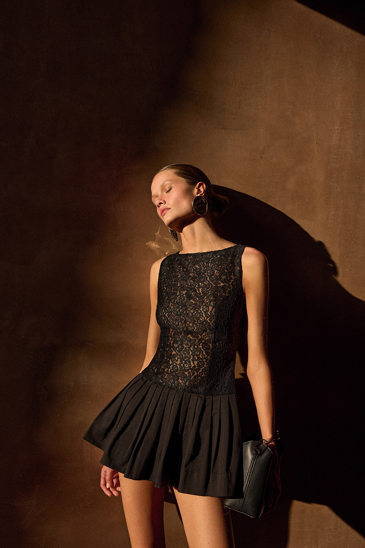 Lace Poplin Mini Dress (Black)