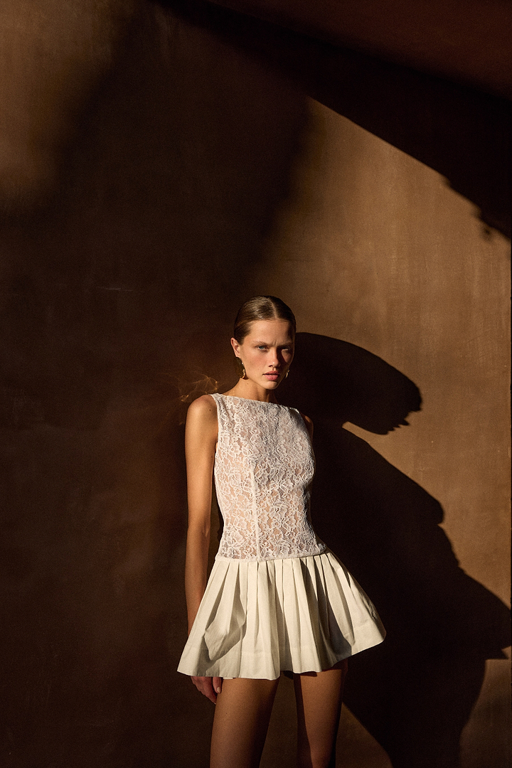 Lace Poplin Mini Dress (White)