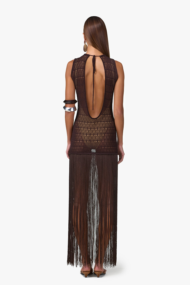 Fringe Knit Maxi Dress (Chocolate Brown)