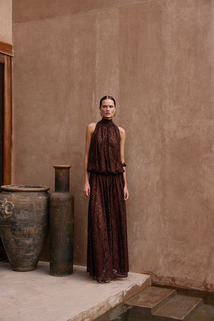 Drop Waist Lace Gown (Chocolate Brown)