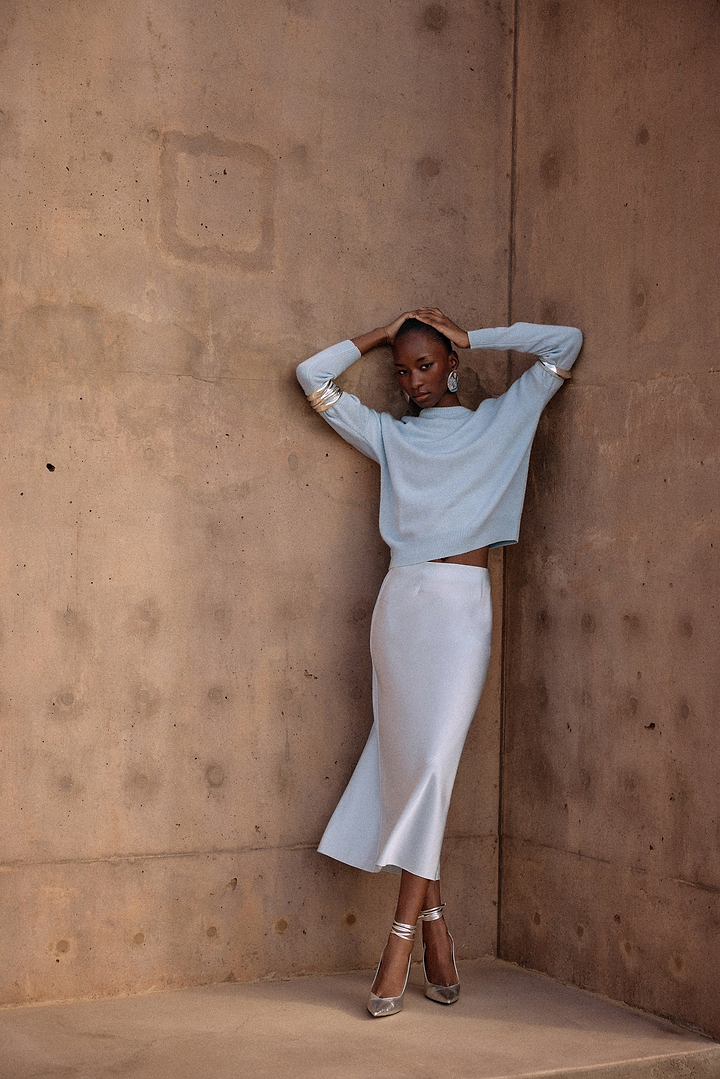 Silk Midi Skirt (Pale Blue)