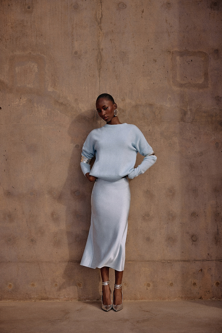Silk Midi Skirt (Pale Blue)