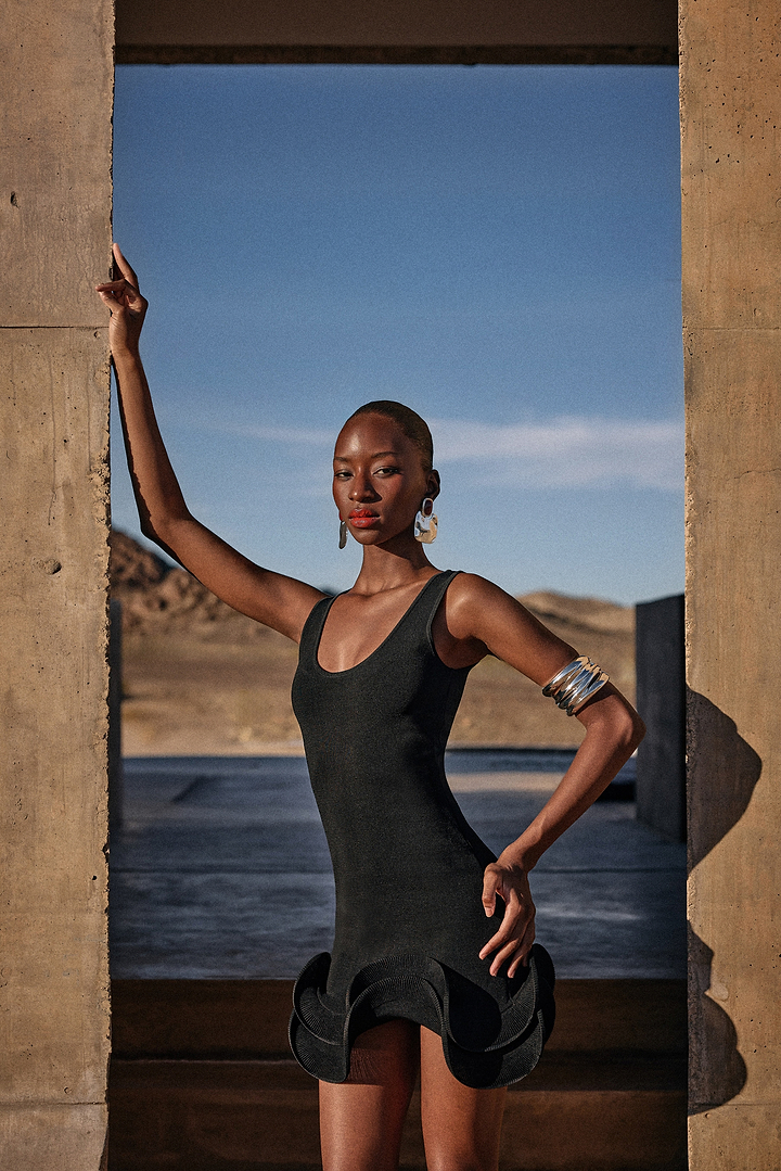 Double Ruffle Hem Mini Dress (Black)