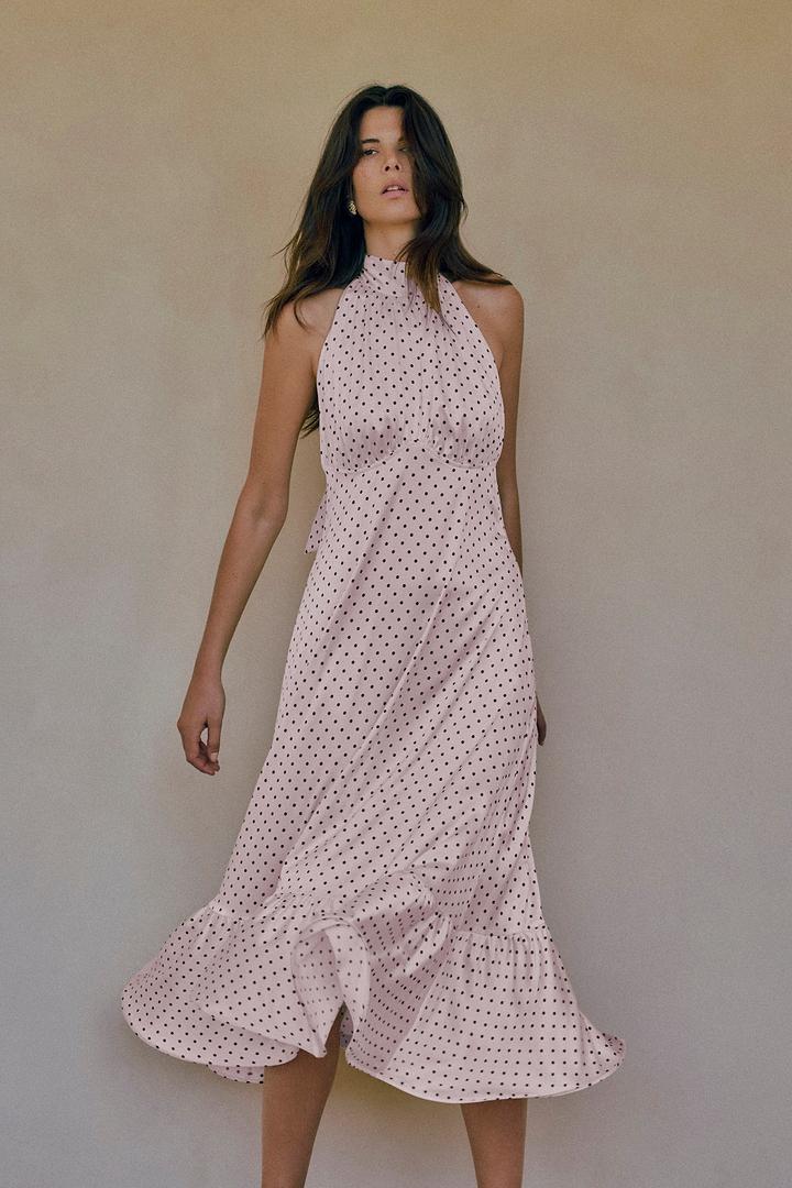 Halter Flounce Midi Dress (Pink Polka Dot)
