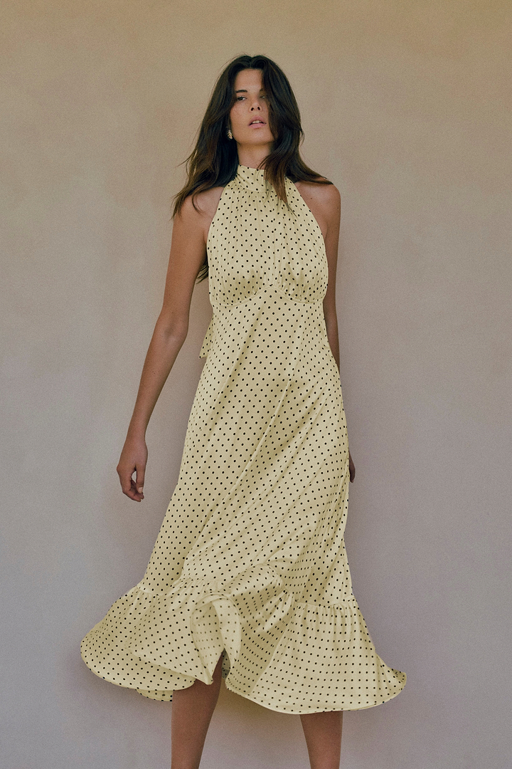Halter Flounce Midi Dress (Yellow Polka Dot)