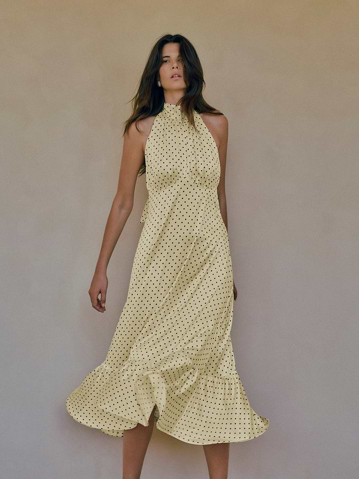yellow polka dot bridesmaid dresses Imogen Petite 3-Tier Ruffle Maxi Dress in Mustard Polka Jennafer Grace