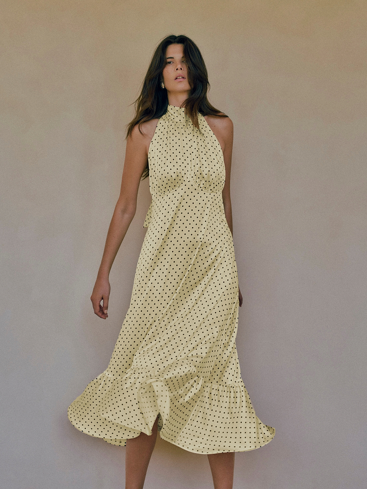 Halter Flounce Midi Dress (Yellow Polka Dot)