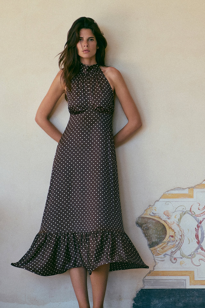 Halter Flounce Midi Dress (Brown Polka Dot)